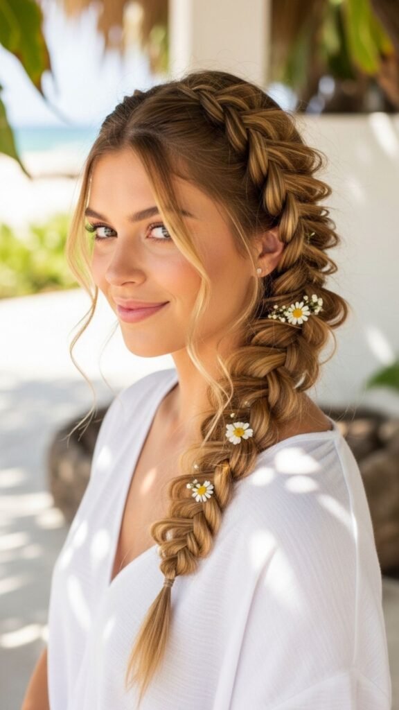 Simple braided hairstyle for a neat, comfortable, and stylish summer look.