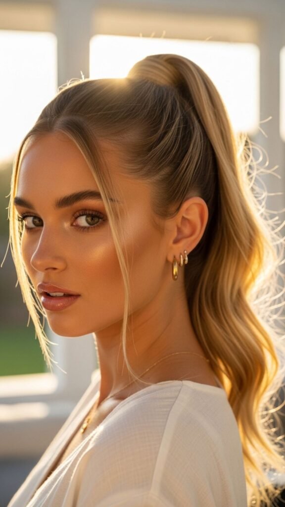 Sleek high ponytail for a polished, fresh, and easy summer hairstyle.