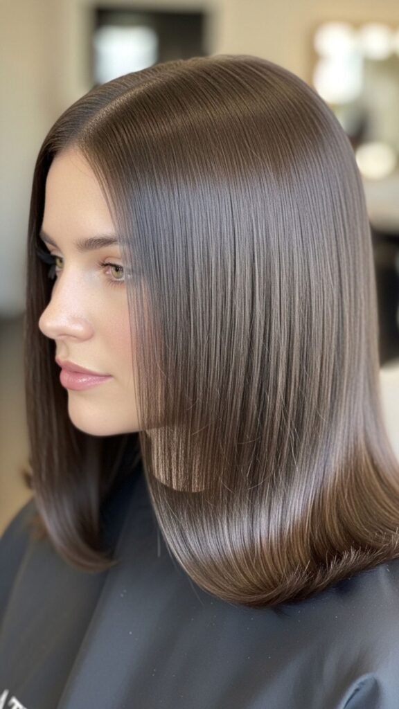 Sleek smooth blowout hairstyle with a middle part and glossy salon-finish look.