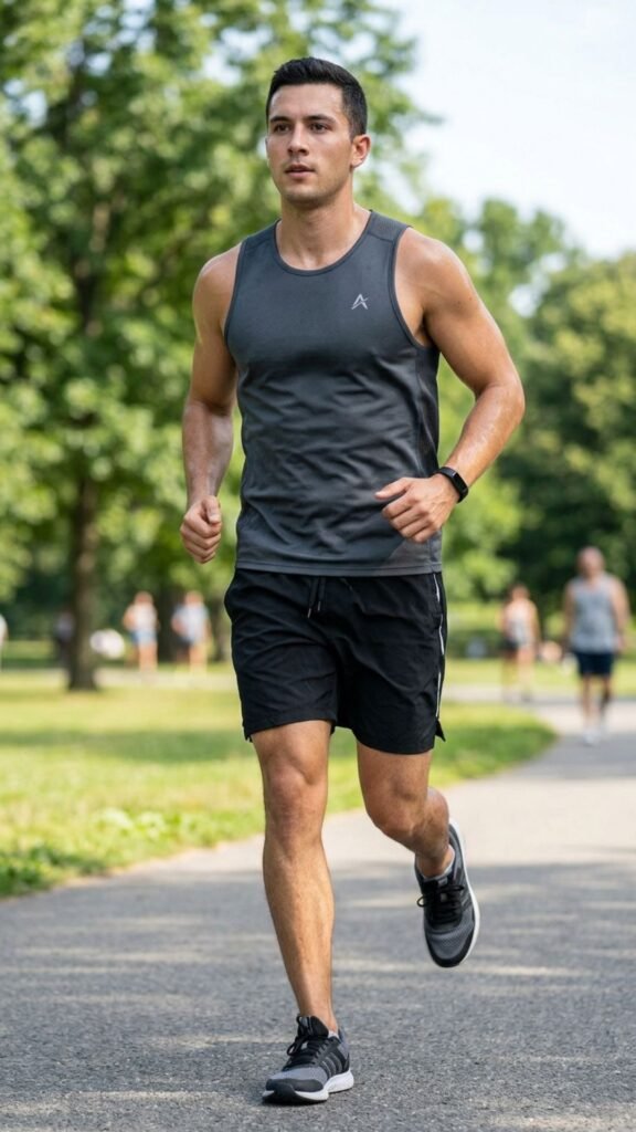 Sleeveless tank top paired with athletic shorts for active summer days.