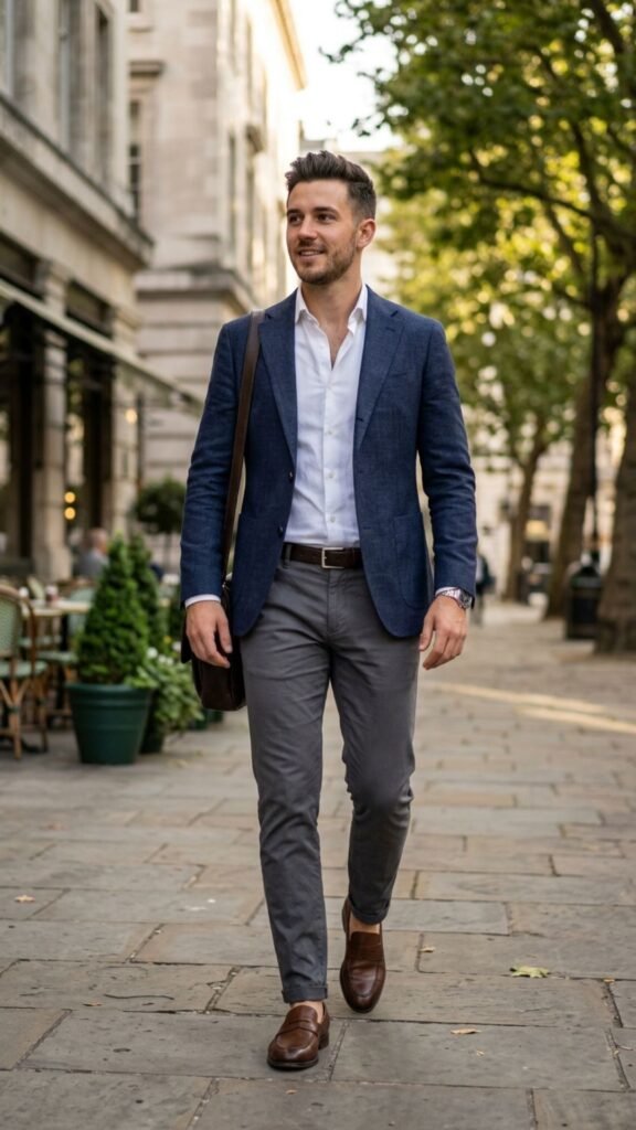 Lightweight blazer paired with tailored trousers for an elegant summer look.