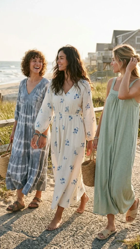 Soft cotton maxi dress styled for a relaxed and elegant summer spa outfit.