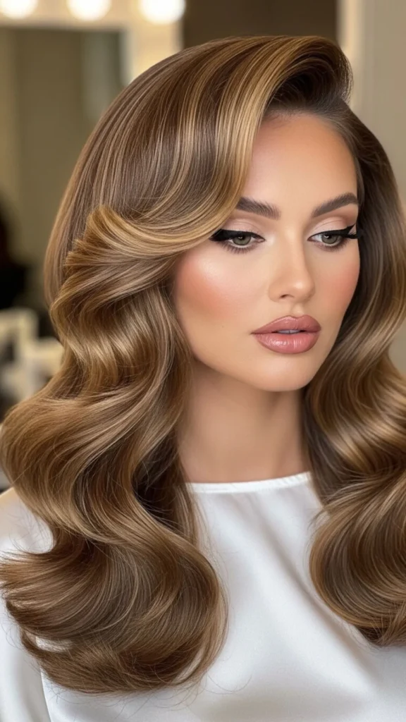 Soft glam Hollywood blowout waves with smooth, elegant curls and luxurious volume.