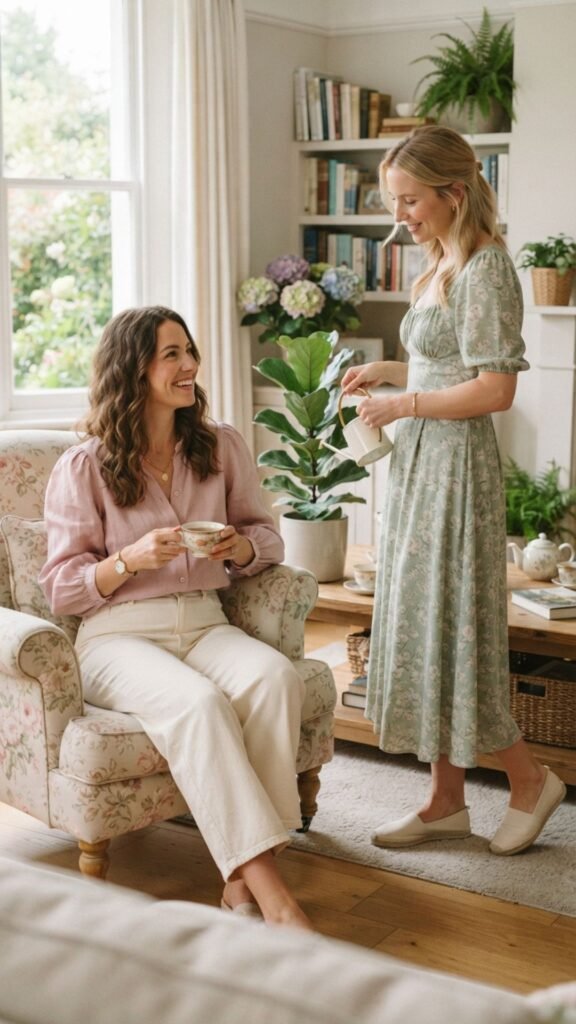 Soft pastel outfit with a graceful and feminine vibe.