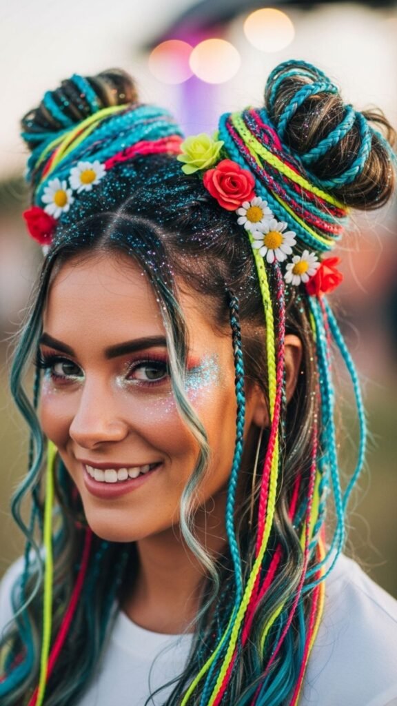 Fun space buns hairstyle for a playful and trendy summer festival look.