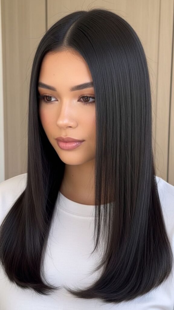 Straight sleek hair with a middle part for a clean and polished summer look.