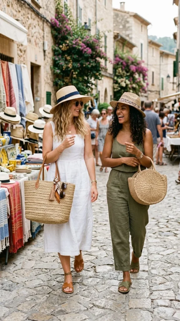 A straw hat and woven tote bag complete a stylish spa-inspired summer outfit.