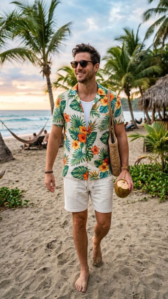 Tropical print shirt with neutral shorts for a stylish vacation-ready outfit.