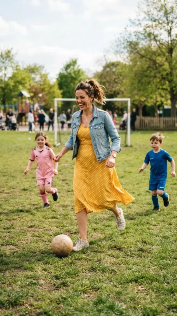 Yellow polka dot midi dress layered with a denim jacket for a bright everyday outfit.