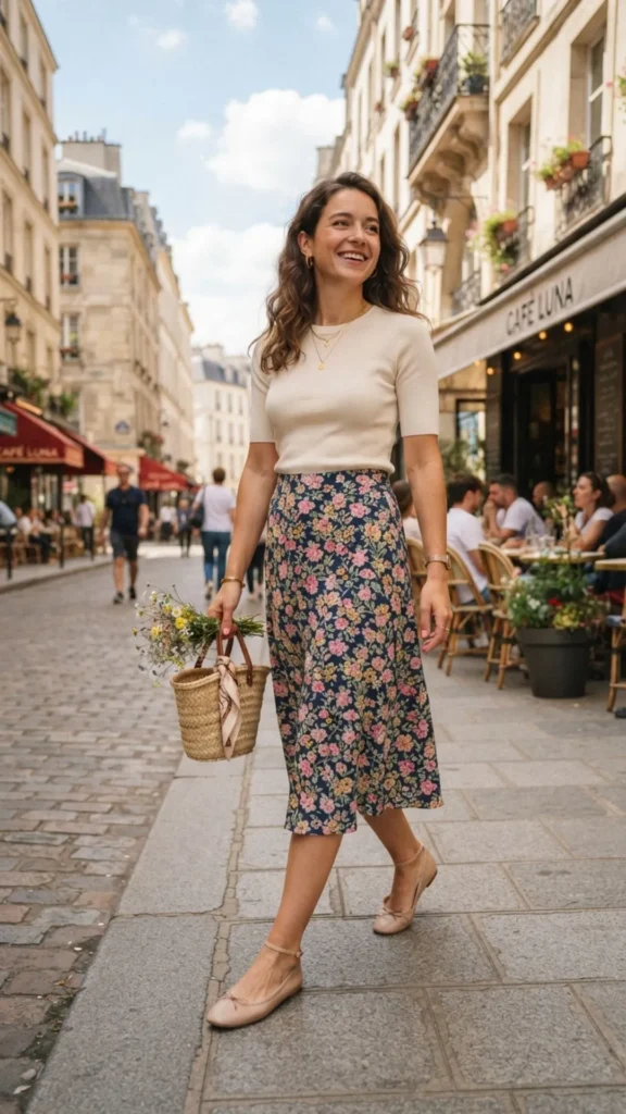Classic ballet flats completing a casual and feminine French-inspired outfit.