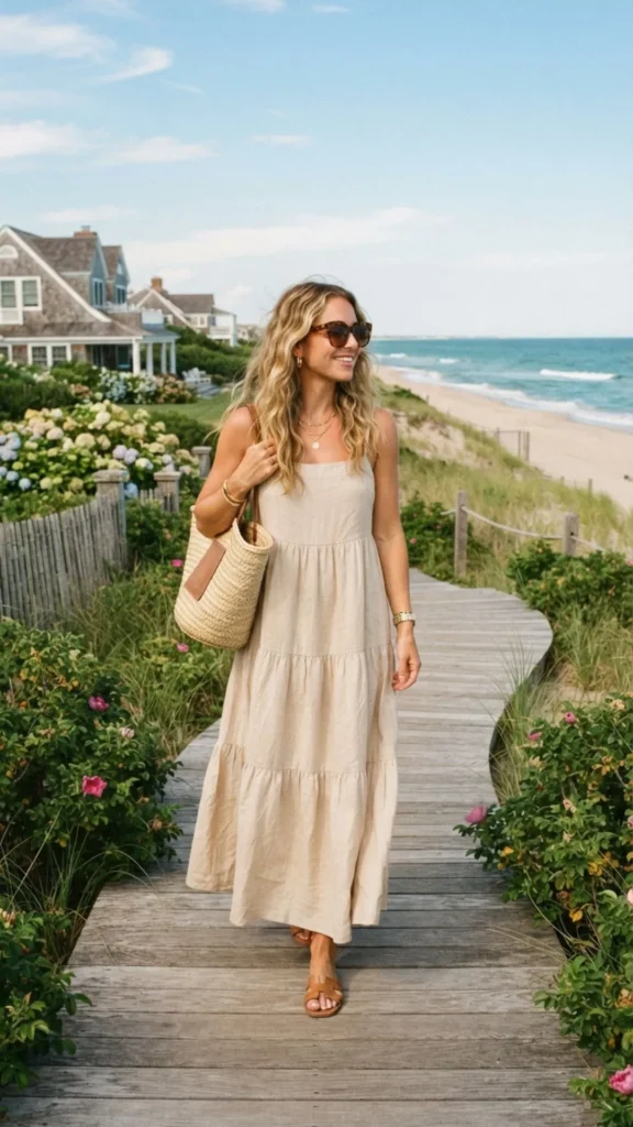  Beige maxi dress styled with timeless Hamptons coastal elegance.