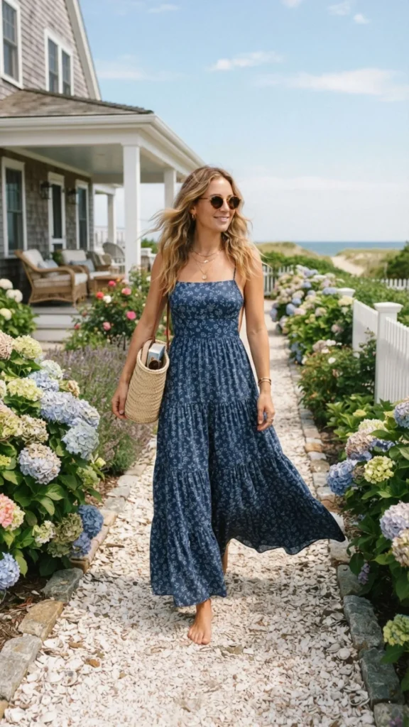 Flowing blue maxi dress styled for an elegant Hamptons-inspired look.
