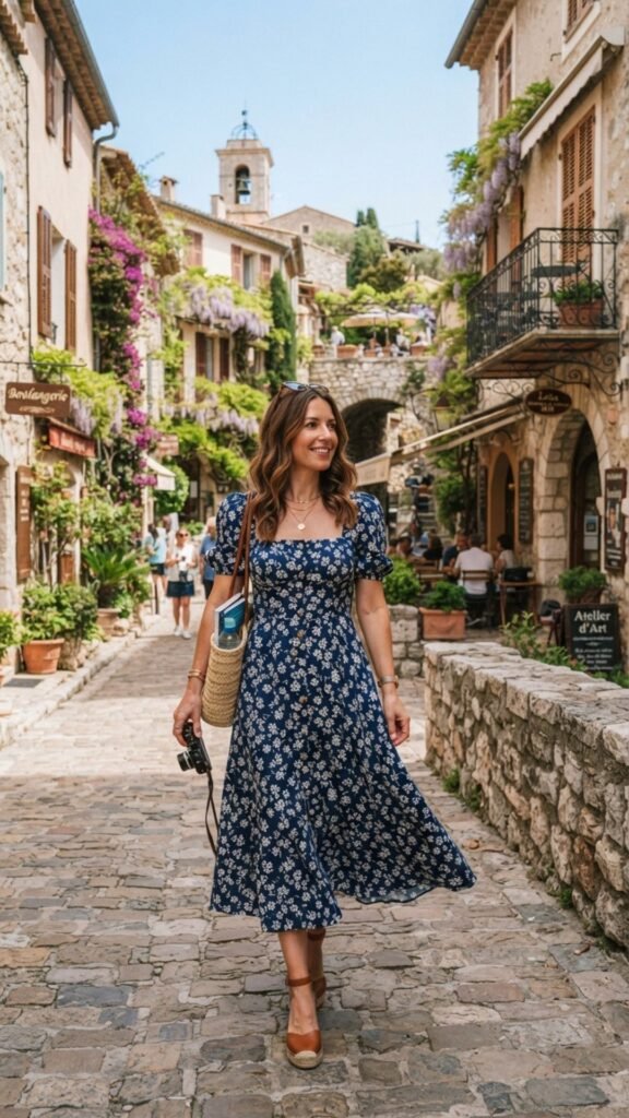 Chic sunglasses and stylish accessories add glamour to a vacation outfit.