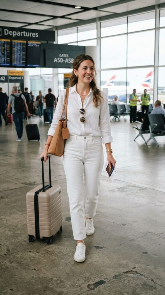 Classic white outfit styled with minimal accessories for timeless elegance.