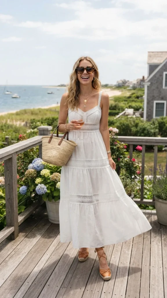 Classy white maxi dress inspired by elegant Hamptons fashion.