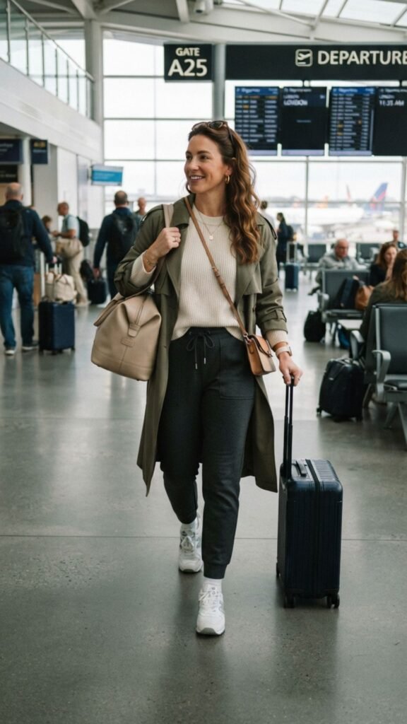 Comfortable walking shoes paired with fashionable travel clothing for all-day sightseeing.
.