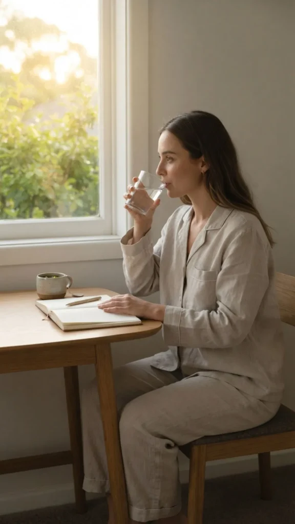 Calm morning self-care routine with skincare and a warm drink.