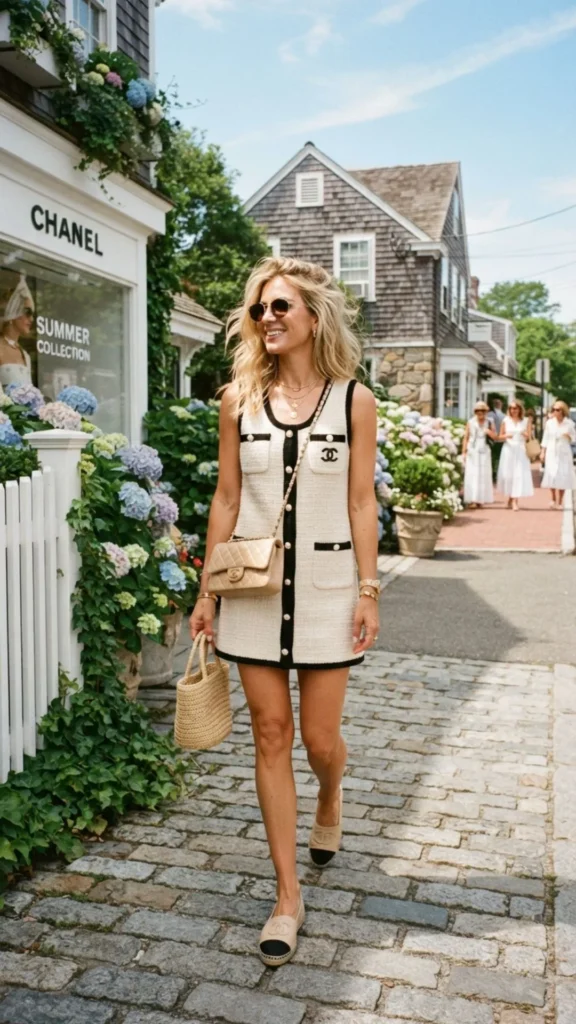 Chanel-inspired mini dress creating a sophisticated Hamptons outfit.
