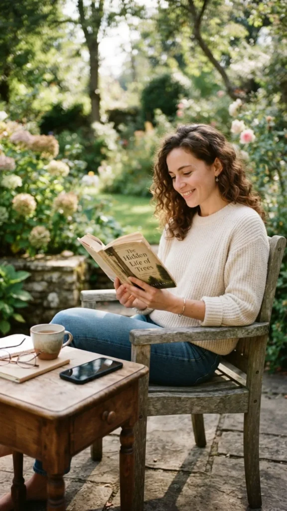 Smartphone turned off beside a relaxing book and tea.