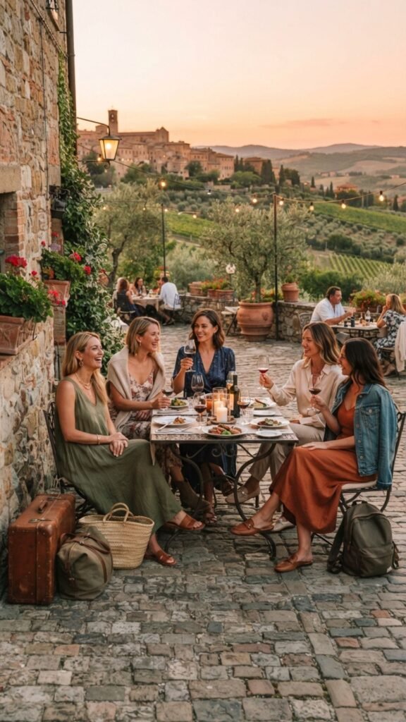 Elegant evening dress designed for stylish dinners in the Tuscan countryside.