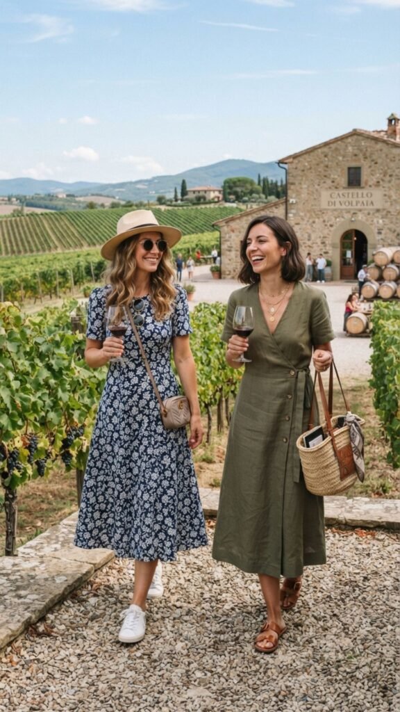 Elegant midi dress perfect for winery tours and romantic countryside experiences.