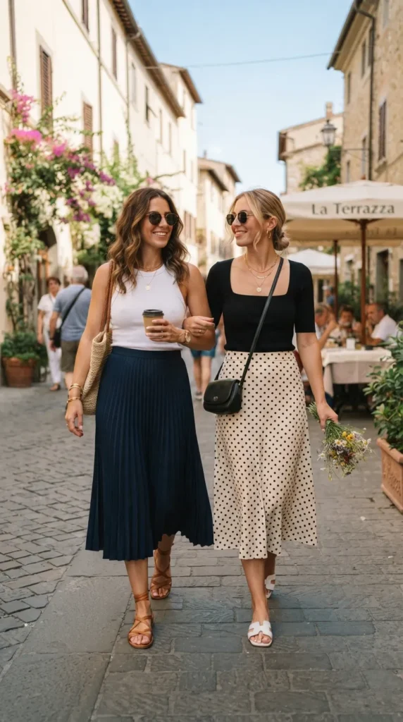 Elegant midi skirt paired with a basic top for timeless summer fashion.