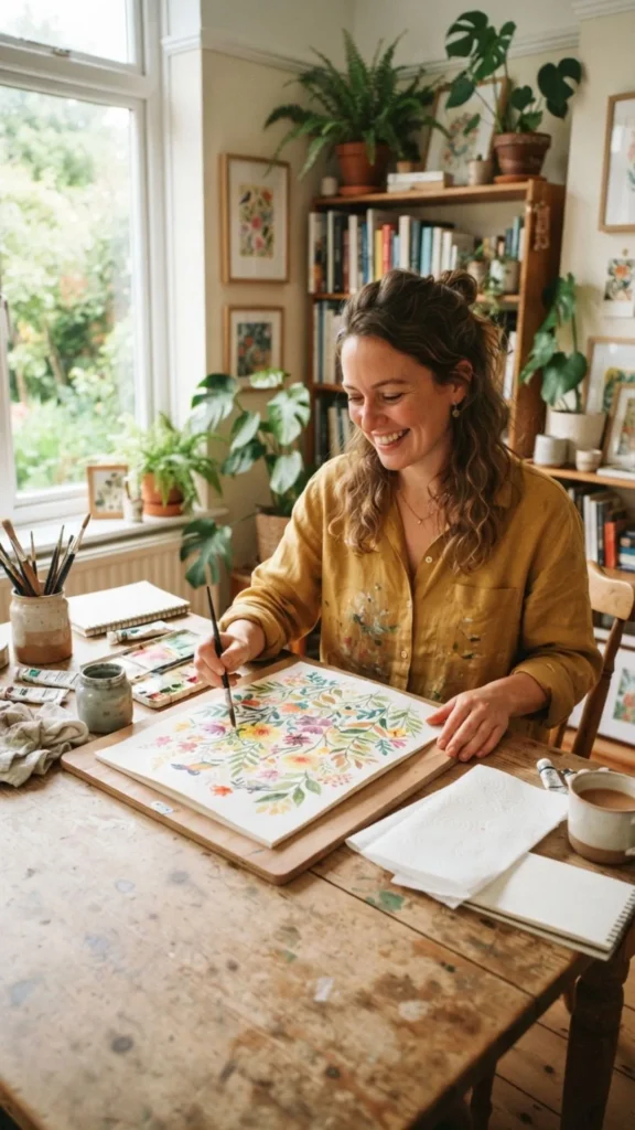 Woman enjoying a creative hobby like painting or knitting.