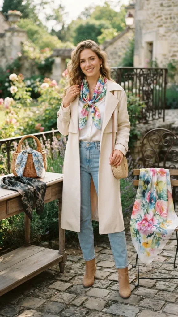 A floral scarf adding a feminine touch to a stylish outfit.

