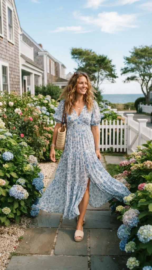 Flowy maxi dress showcasing elegant Hamptons-inspired summer 