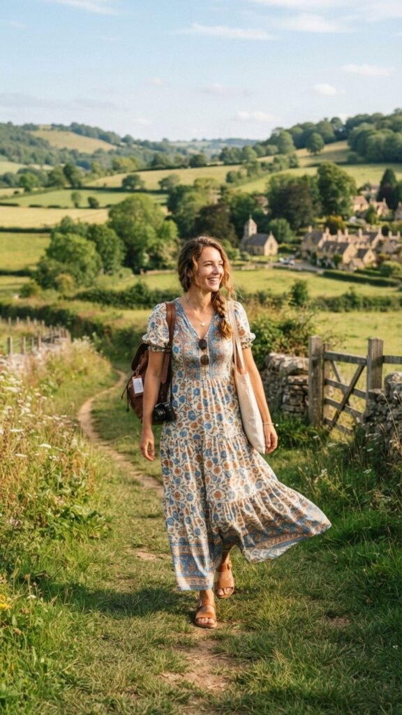 Flowy maxi dress styled for a chic and comfortable Tuscany countryside vacation.