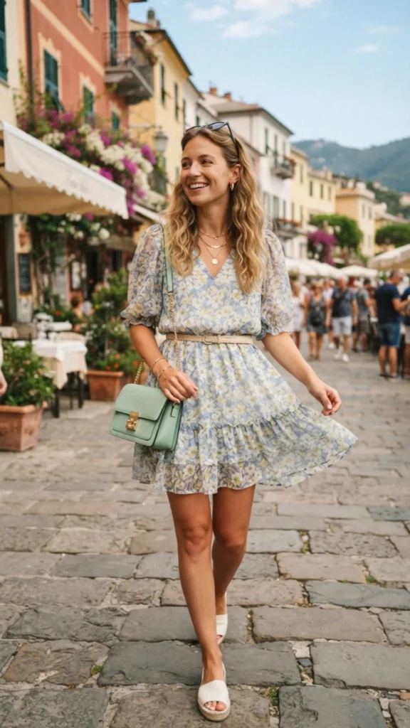 Flowy mini dress styled with a mint green handbag for summer.
