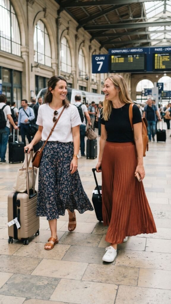 A flowy skirt and simple blouse creating a graceful and comfortable travel outfit.