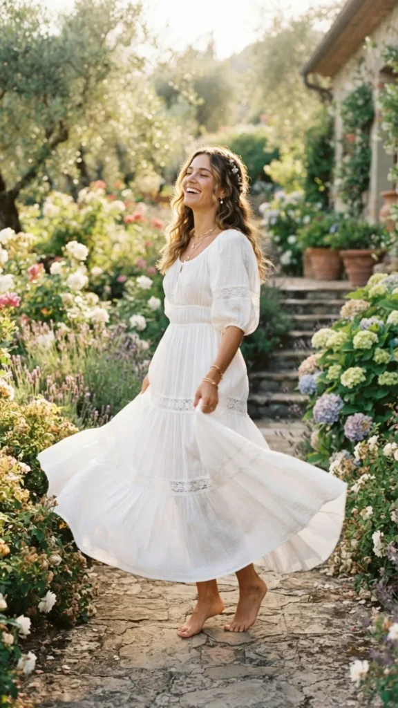 Flowy white summer dress with a soft, feminine, and elegant look.