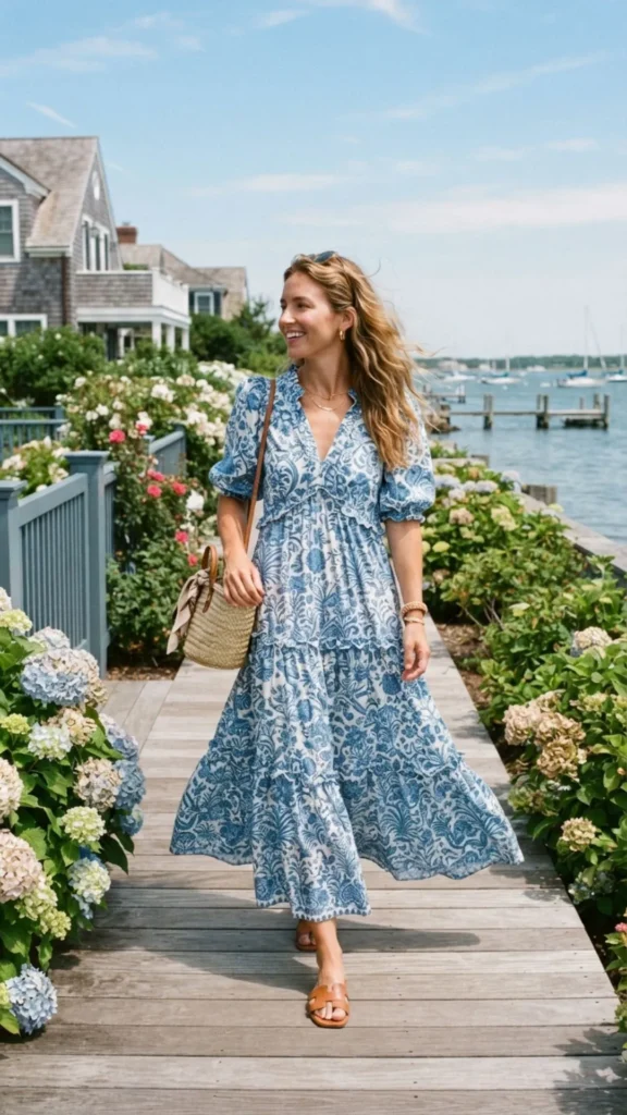 Blue floral maxi dress styled for a timeless Hamptons coastal look.