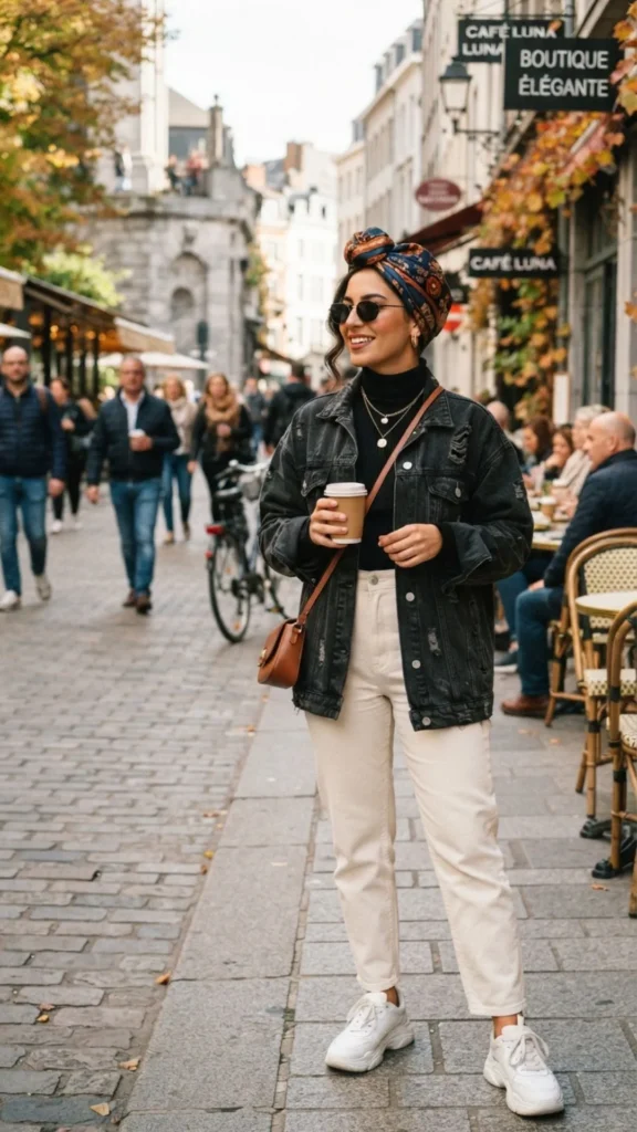 Trendy head scarf styling with a modern fashionable outfit.