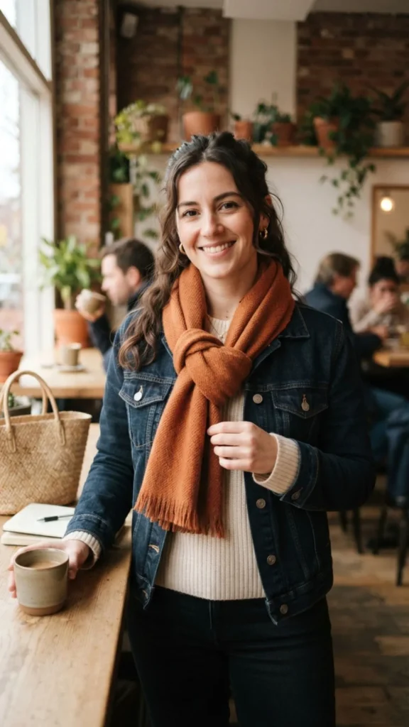  Neatly knotted scarf complementing a casual everyday outfit.