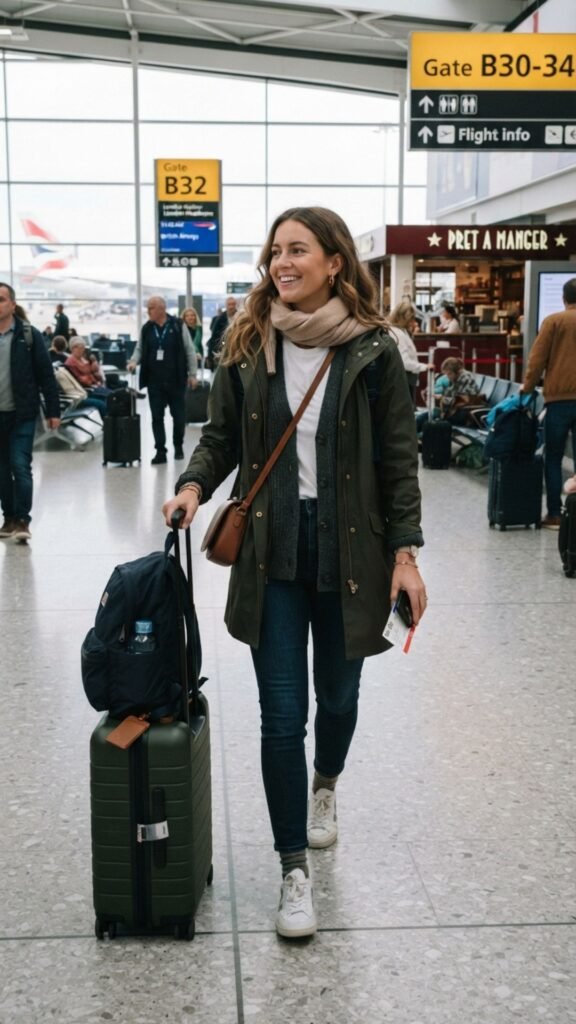 Layered travel outfit with lightweight pieces for changing Tuscany weather.