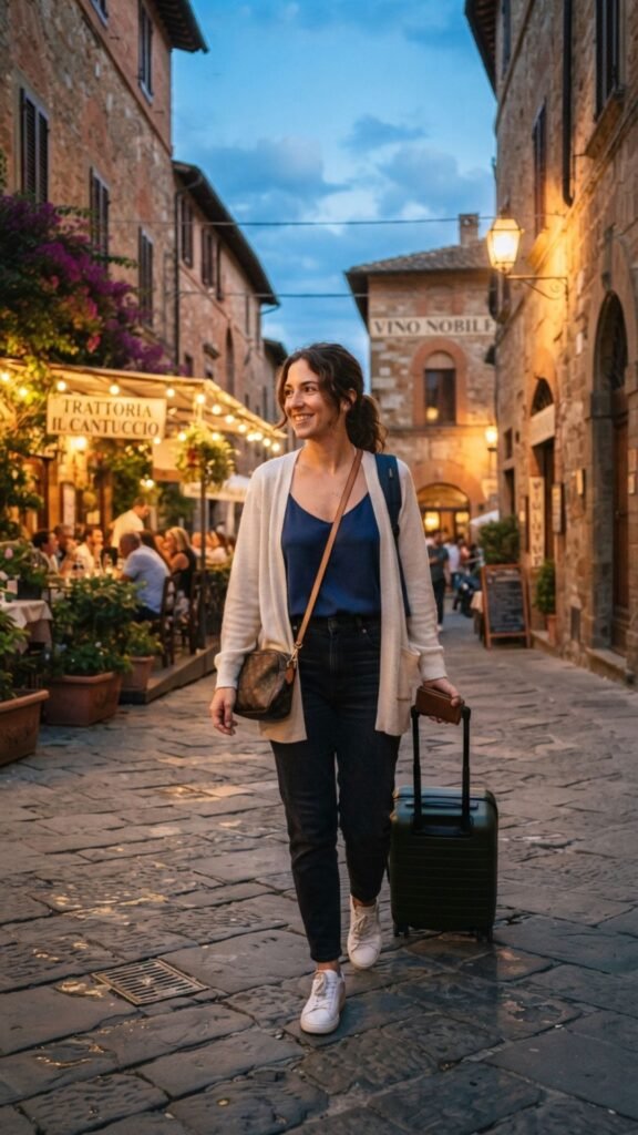 Lightweight cardigan layered over a stylish outfit for cool Tuscany evenings.