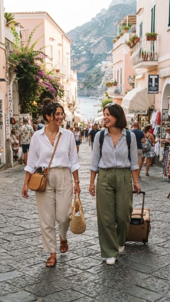 Breathable linen shirt with relaxed trousers for an elegant Italian travel outfit.