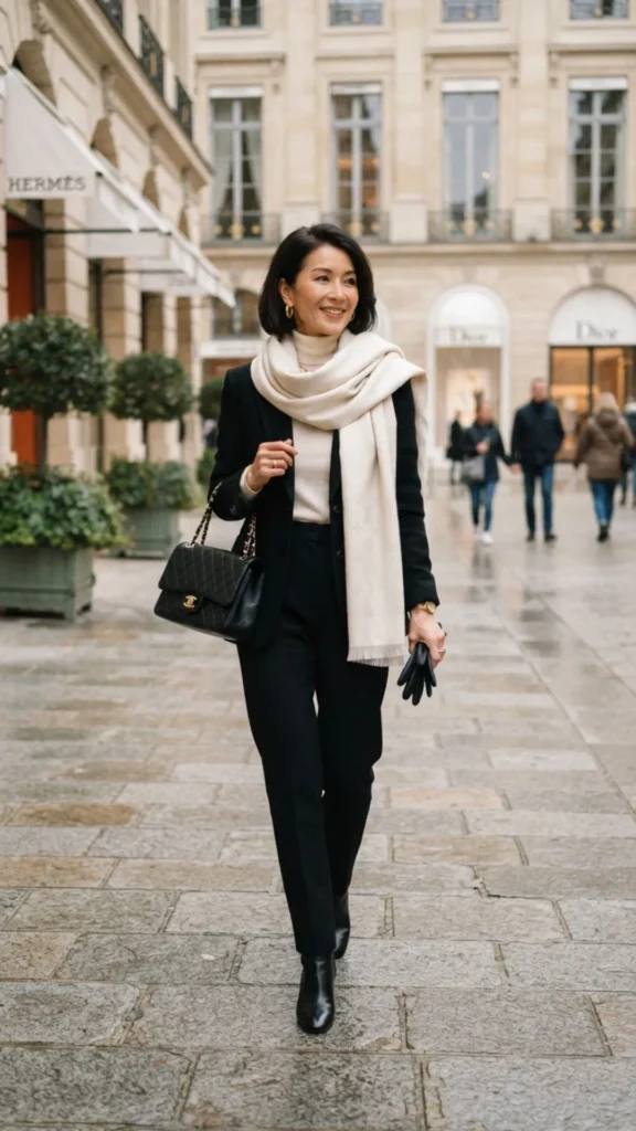 Monochrome scarf outfit creating a clean and luxurious appearance.
