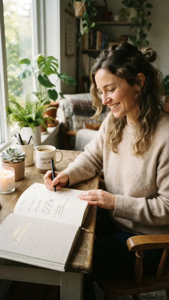 Gratitude journal with handwritten notes and a cup of coffee.