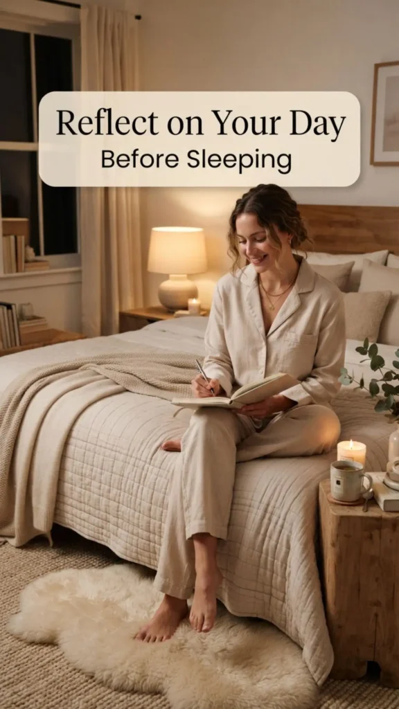 Person journaling and reflecting before bedtime in a peaceful room.