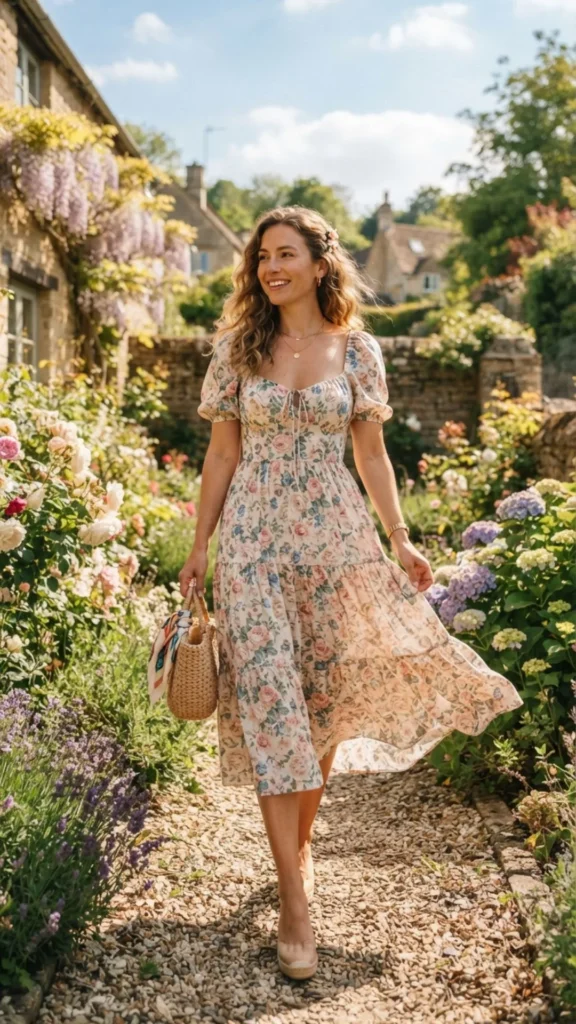Romantic floral dress with a breezy and feminine warm-weather style.