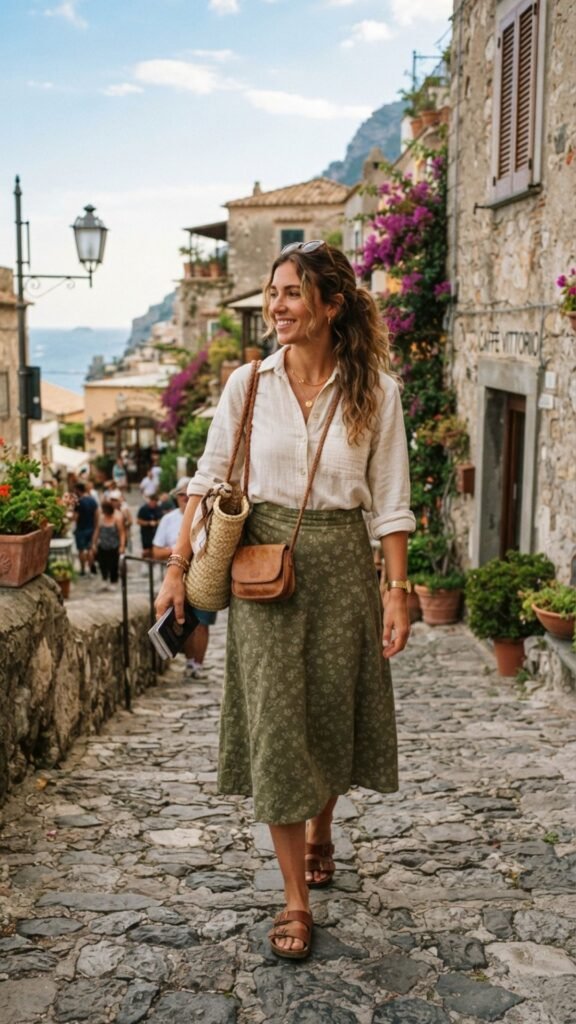 Rustic-inspired outfit featuring earthy tones and timeless Italian countryside style.