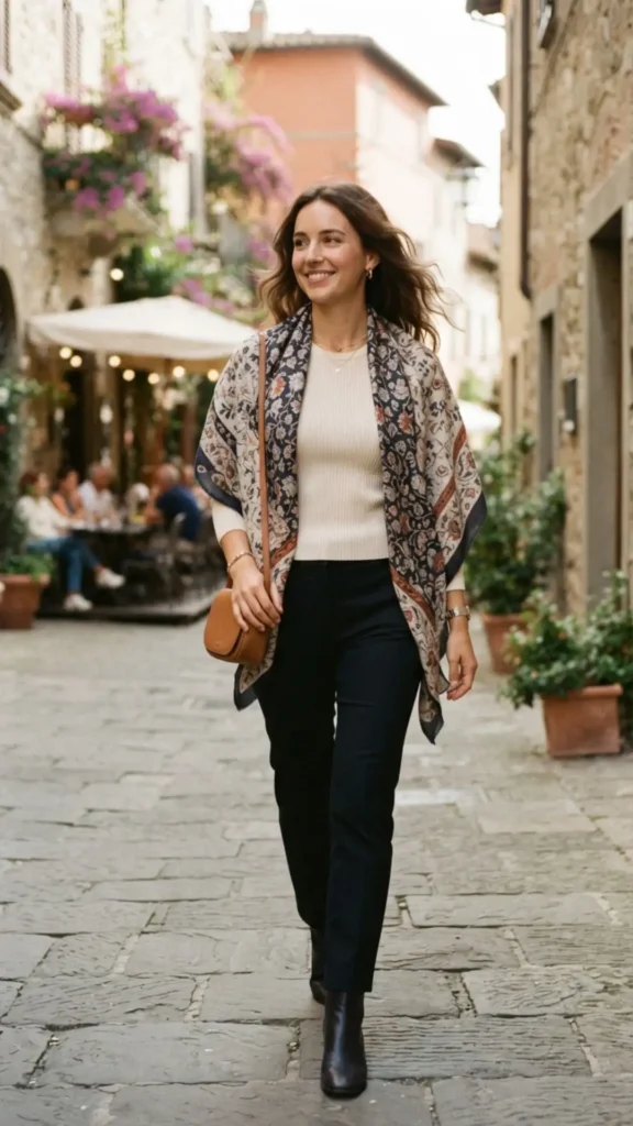 Soft scarf draped over the shoulders for an elegant look.