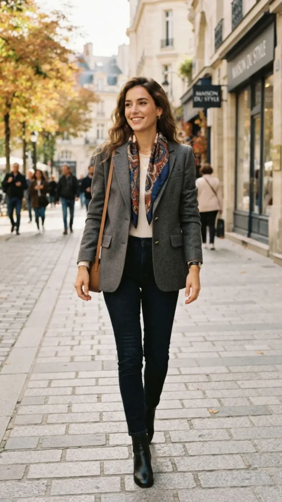 Modern blazer styled with a fashionable lightweight scarf.