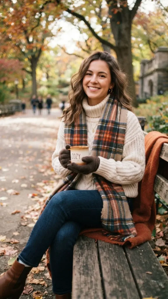 Warm sweater styled with a cozy scarf for everyday comfort.