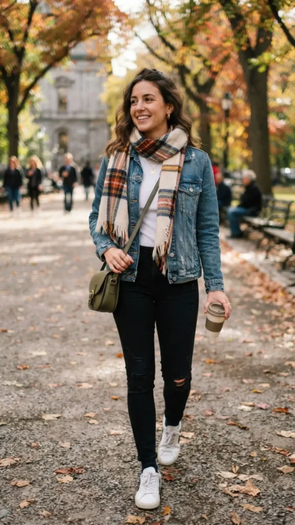 Casual denim jacket paired with a stylish patterned scarf.