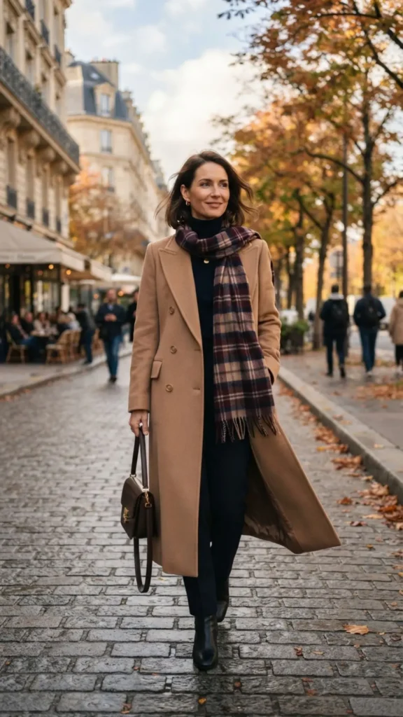 Long coat paired with a stylish scarf for timeless elegance.
