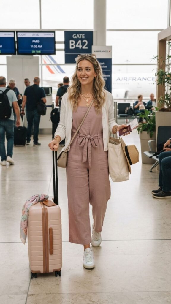 Soft pastel outfit creating a romantic and elegant Tuscany travel look.